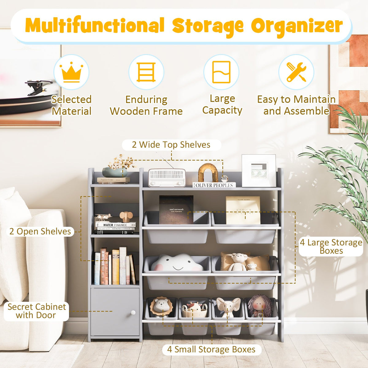 4-Tier Kids Bookshelf and Toy Storage Rack with 8 Toy Organizer Bins-Grey view 7