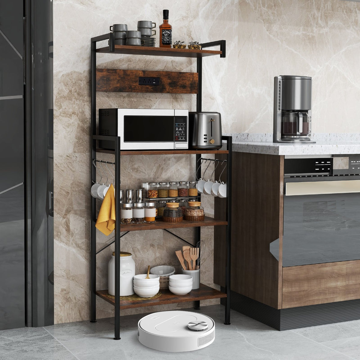 4-Tier Kitchen Bakers Rack with Power Outlet and 8 Hooks-Rustic Brown view 2