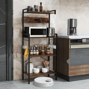 4-Tier Kitchen Bakers Rack with Power Outlet and 8 Hooks-Rustic Brown view 2