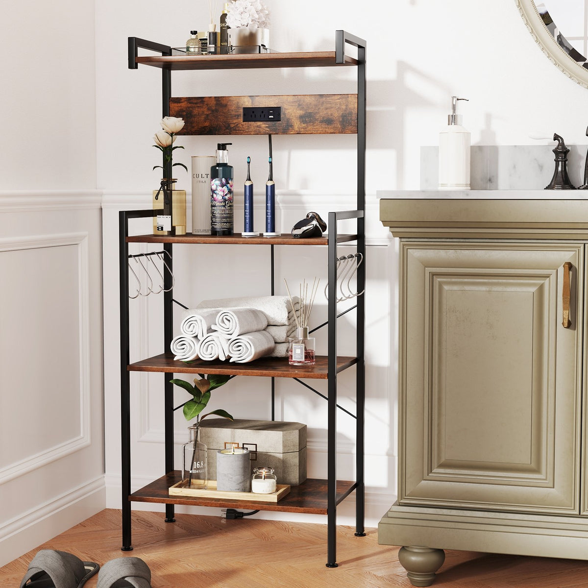 4-Tier Kitchen Bakers Rack with Power Outlet and 8 Hooks-Rustic Brown view 3