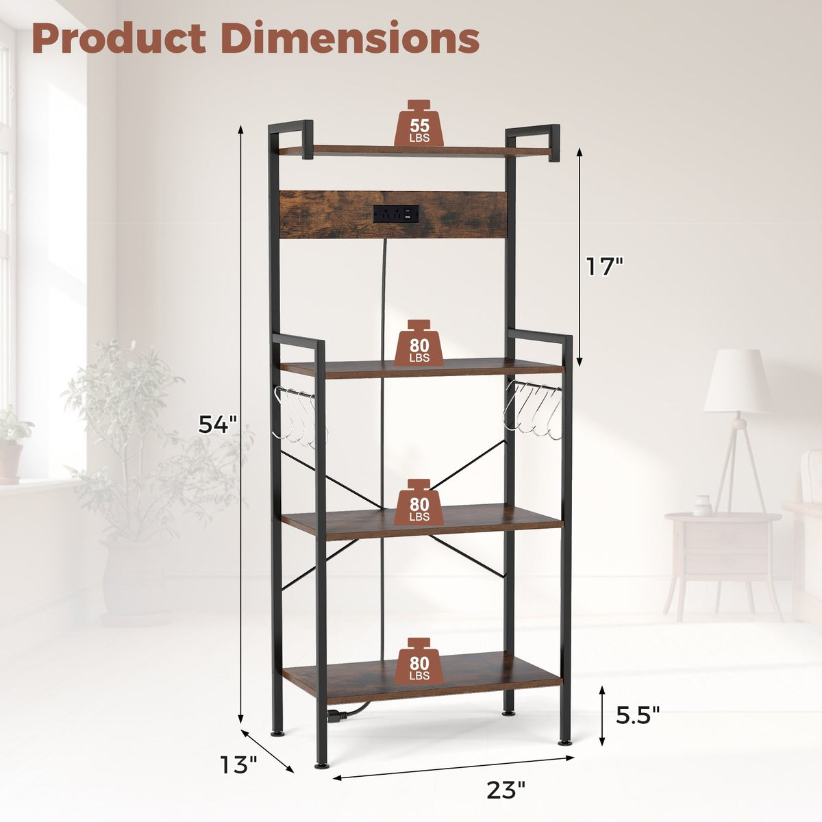 4-Tier Kitchen Bakers Rack with Power Outlet and 8 Hooks-Rustic Brown view 5