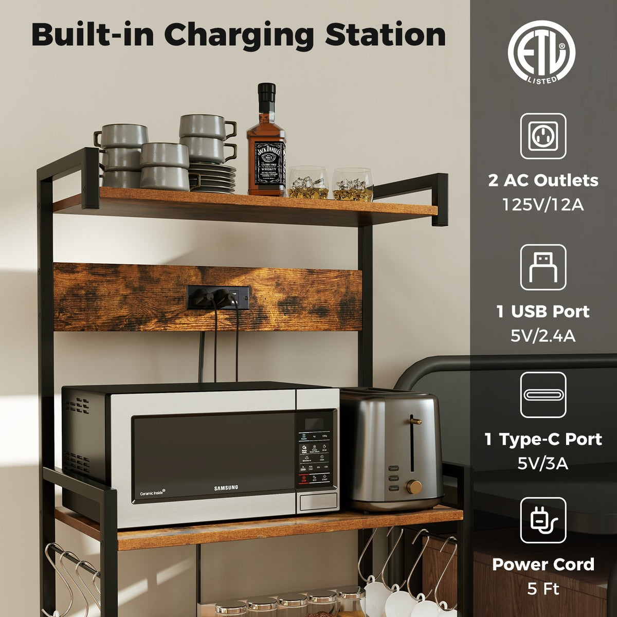 4-Tier Kitchen Bakers Rack with Power Outlet and 8 Hooks-Rustic Brown view 7