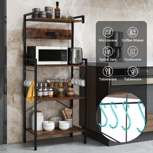 4-Tier Kitchen Bakers Rack with Power Outlet and 8 Hooks-Rustic Brown view 8