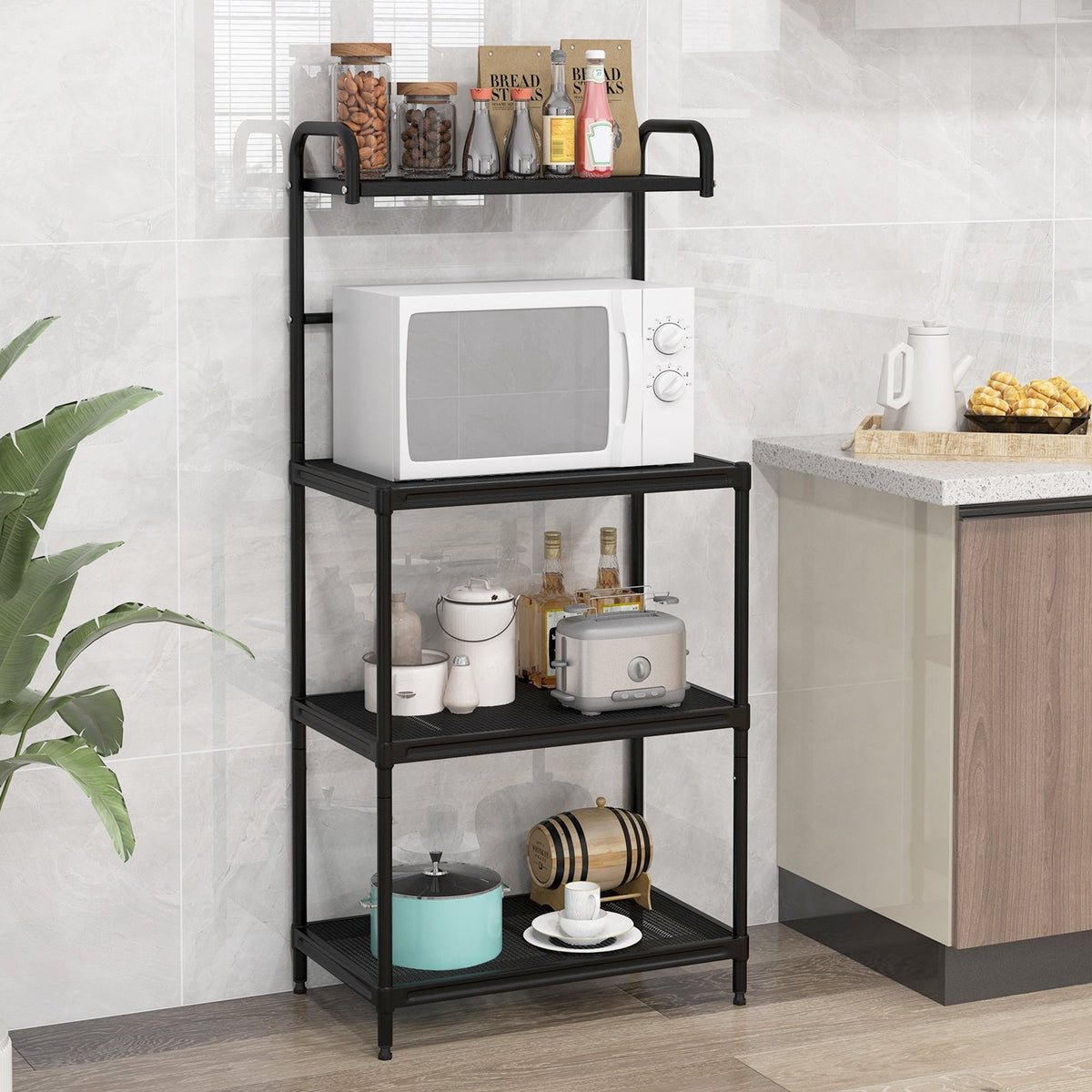 4-Tier Kitchen Microwave Storage Rack with Metal Shelves-Black view 2