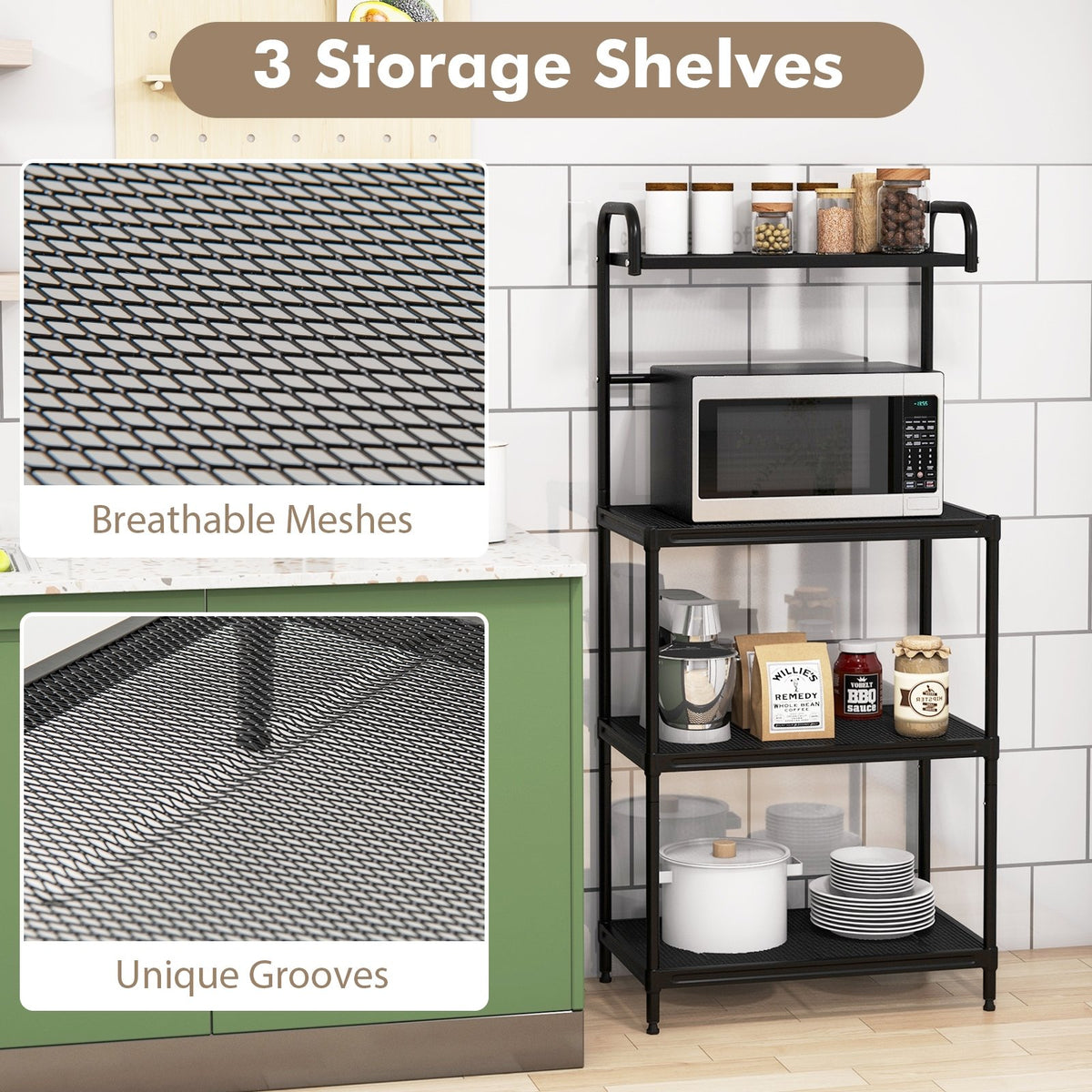 4-Tier Kitchen Microwave Storage Rack with Metal Shelves-Black view 9