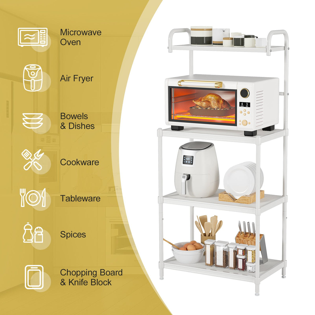 4-Tier Kitchen Storage Baker Microwave Oven Rack Shelves-White view 7