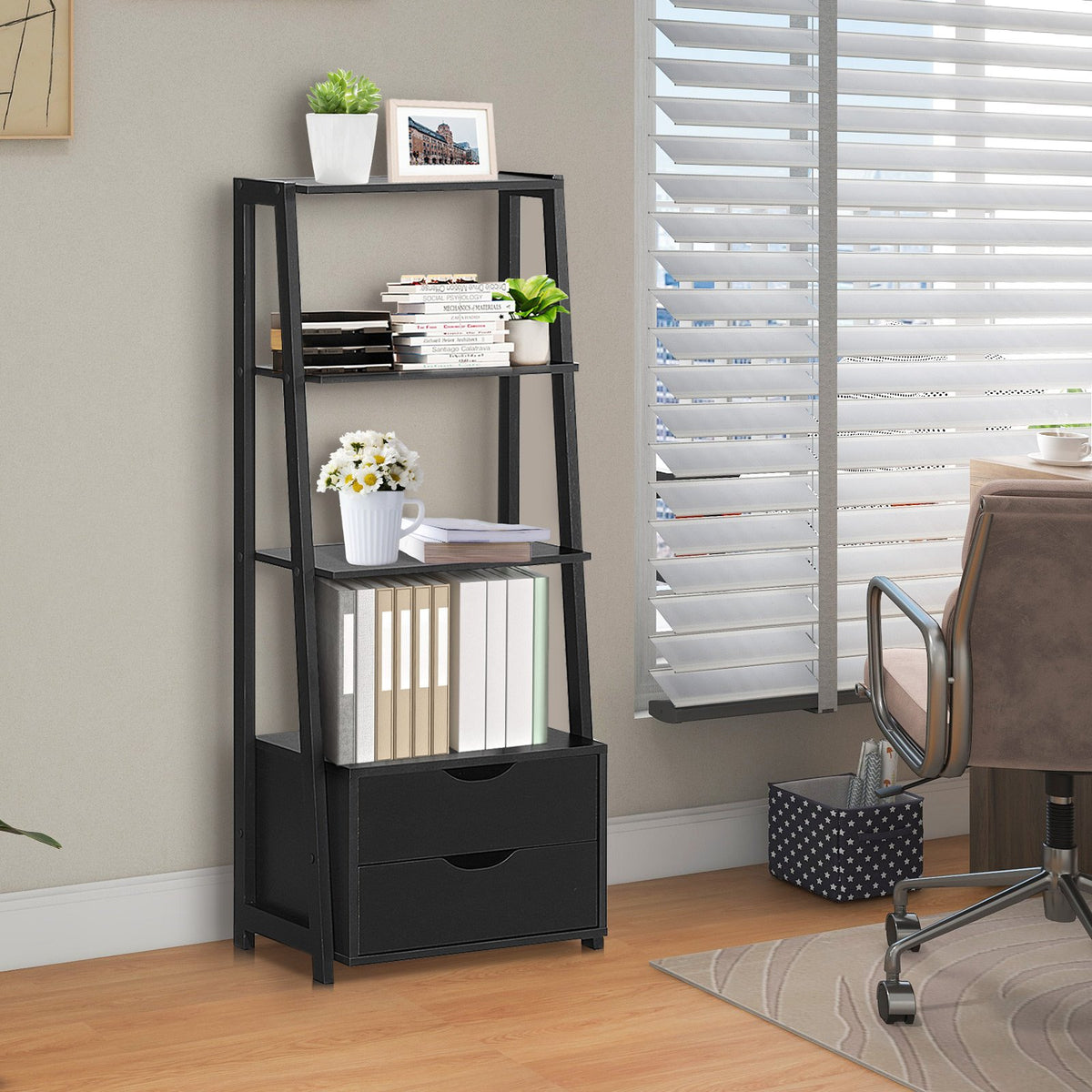 4-Tier Ladder Bookshelf Storage Display with 2 Drawers view 2