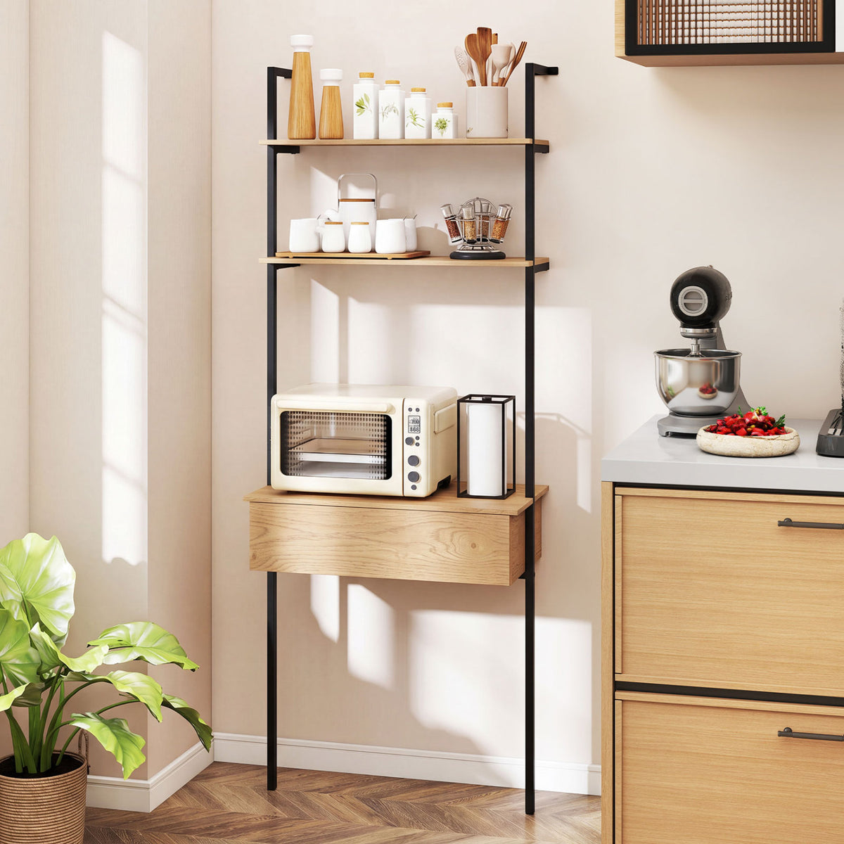 4-Tier Ladder Bookshelf with Drawer and Metal Frame for Living Room-Natural view 2