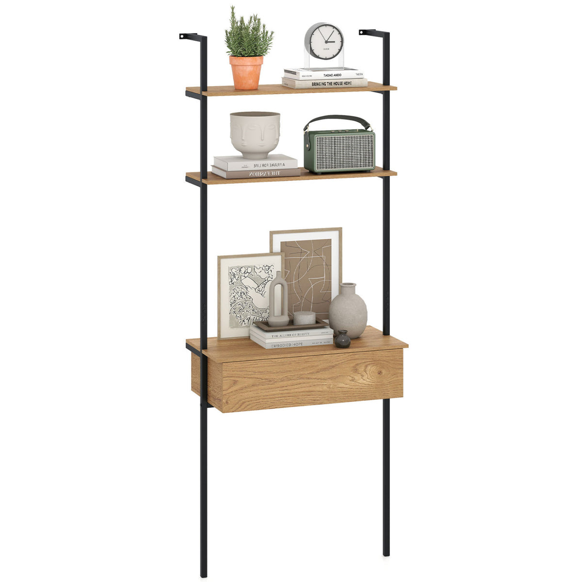 4-Tier Ladder Bookshelf with Drawer and Metal Frame for Living Room-Natural view 4