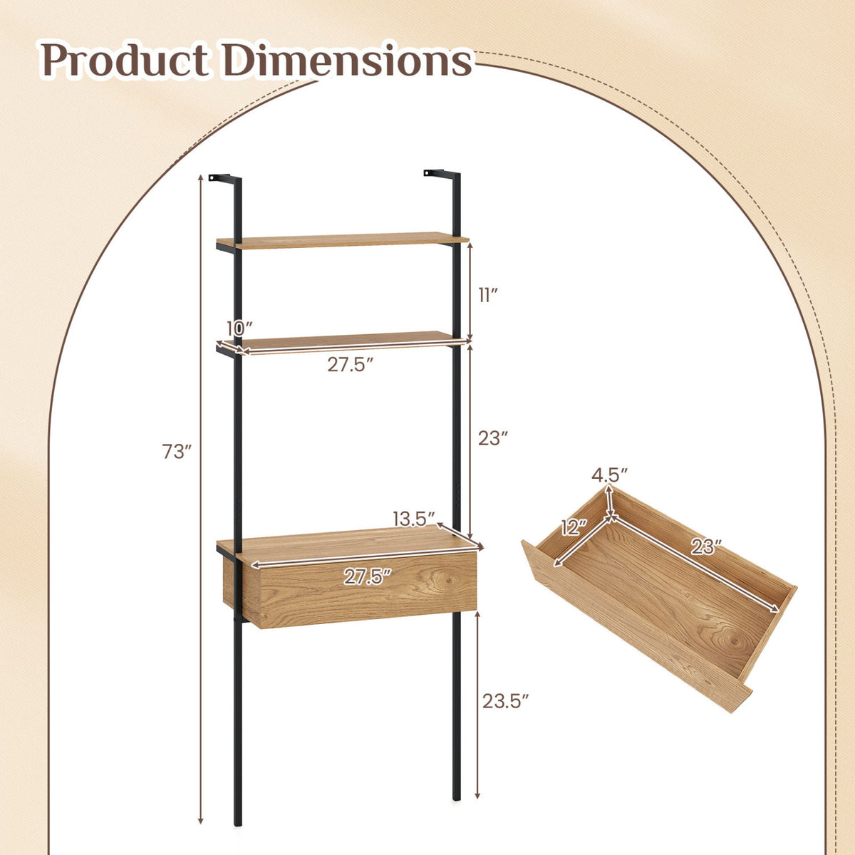 4-Tier Ladder Bookshelf with Drawer and Metal Frame for Living Room-Natural view 5
