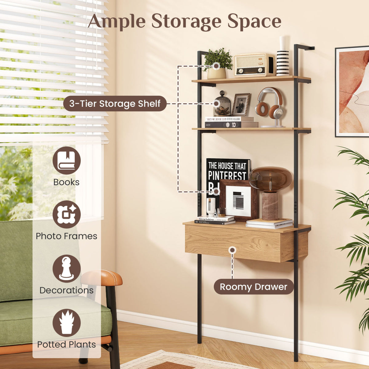 4-Tier Ladder Bookshelf with Drawer and Metal Frame for Living Room-Natural view 6