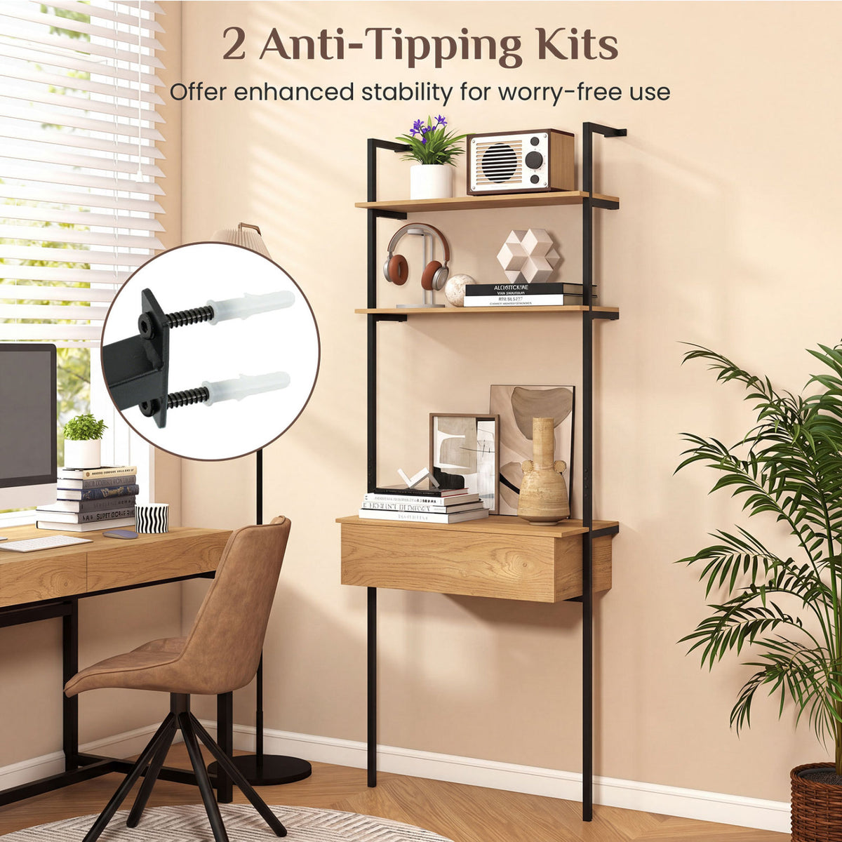 4-Tier Ladder Bookshelf with Drawer and Metal Frame for Living Room-Natural view 7
