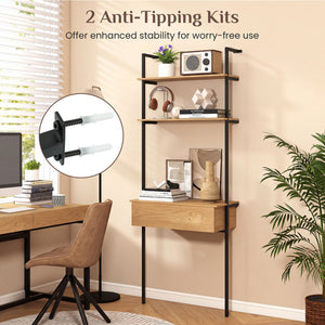 4-Tier Ladder Bookshelf with Drawer and Metal Frame for Living Room-Natural view 7