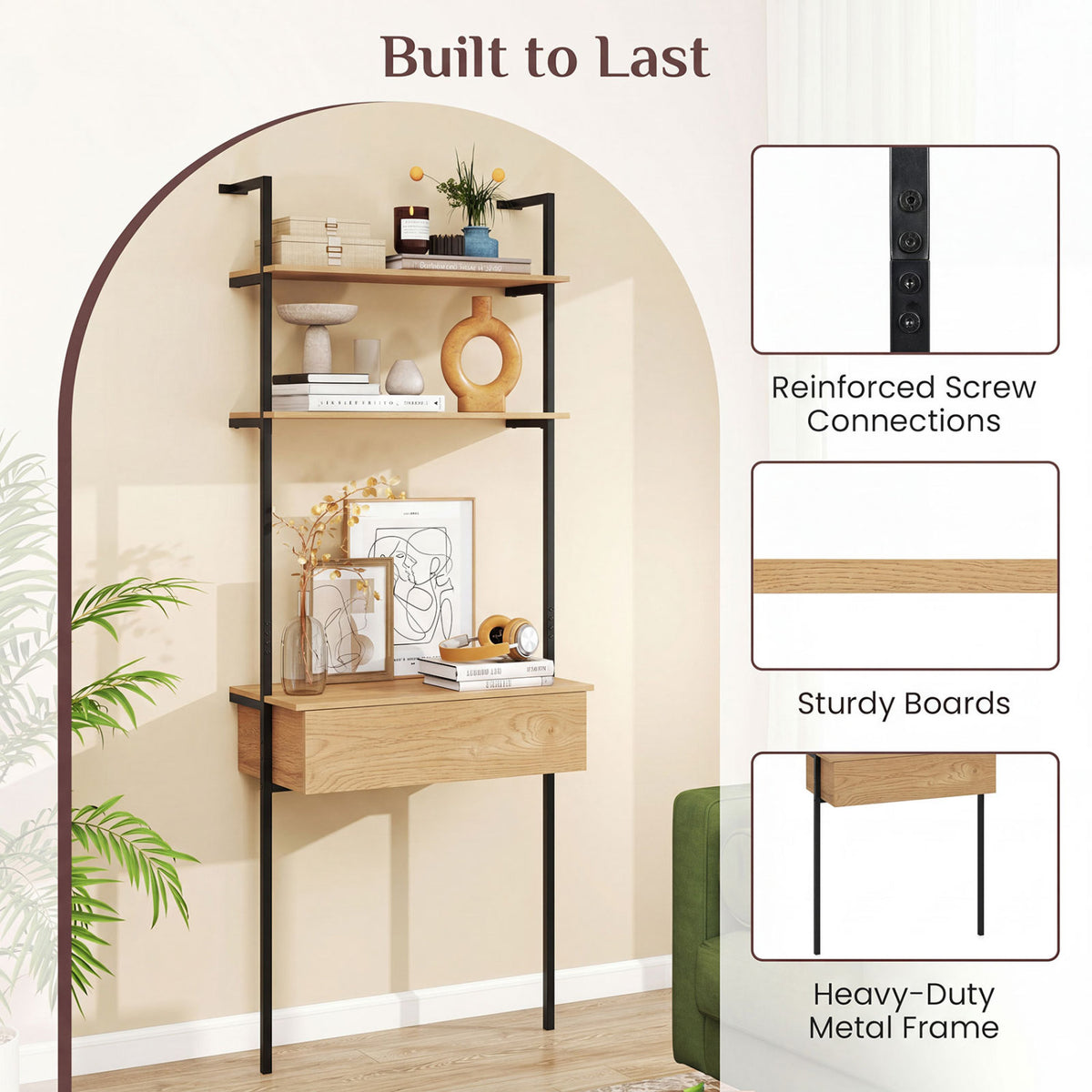 4-Tier Ladder Bookshelf with Drawer and Metal Frame for Living Room-Natural view 8