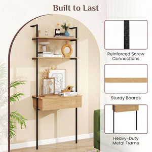 4-Tier Ladder Bookshelf with Drawer and Metal Frame for Living Room-Natural view 8