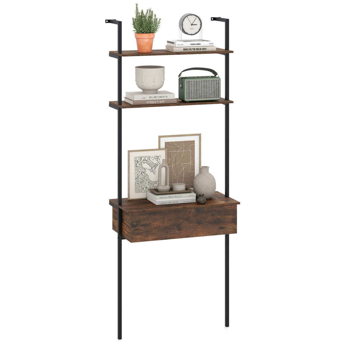 4-Tier Ladder Bookshelf with Drawer and Metal Frame for Living Room-Rustic Brown view 4