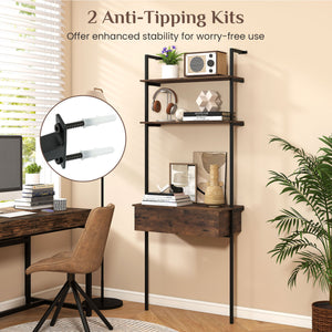 4-Tier Ladder Bookshelf with Drawer and Metal Frame for Living Room-Rustic Brown view 7