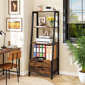 4-Tier Ladder Shelf with 2 Drawers 52.5 Inch Tall Freestanding Bookcase-Rustic Brown view 2