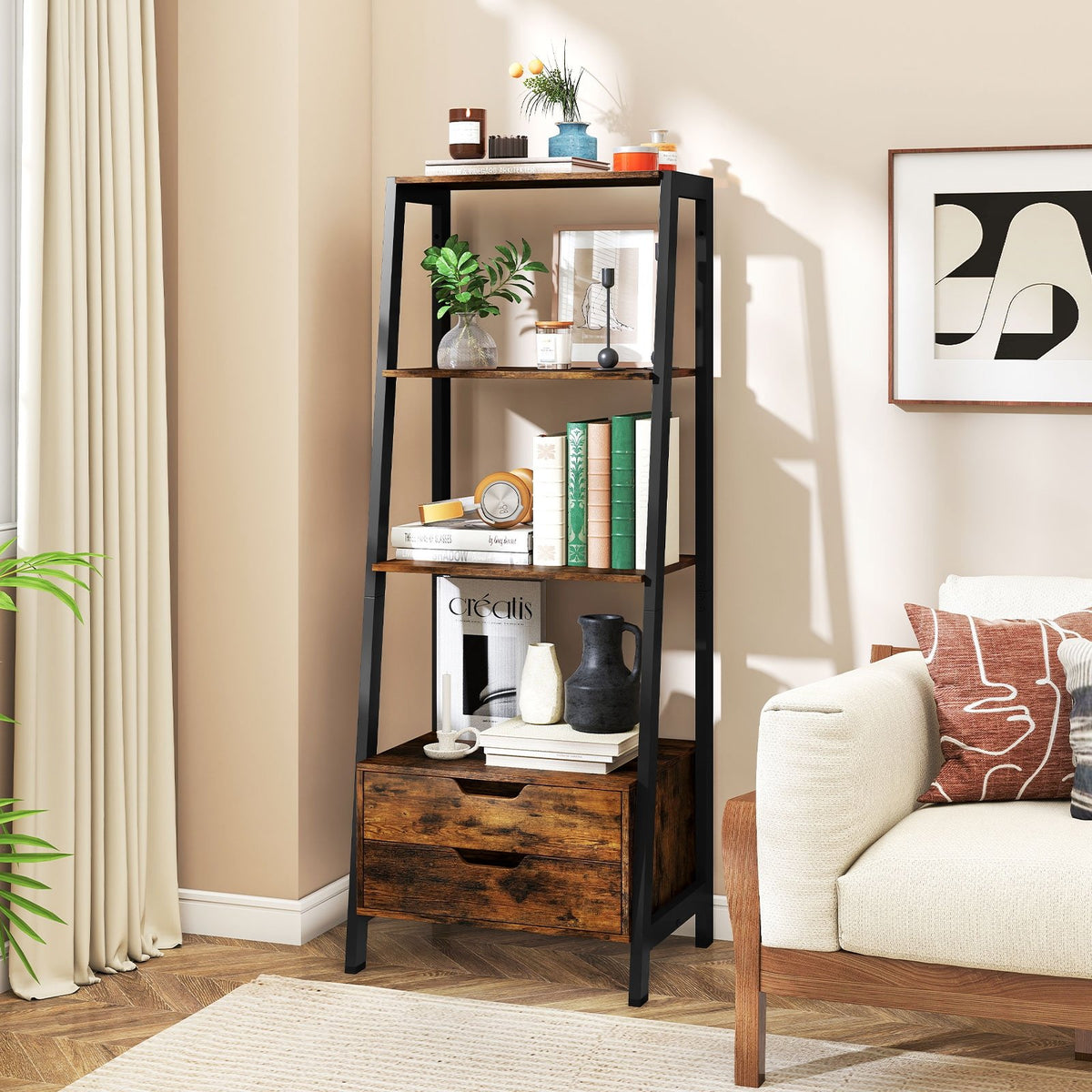 4-Tier Ladder Shelf with 2 Drawers 52.5 Inch Tall Freestanding Bookcase-Rustic Brown view 3
