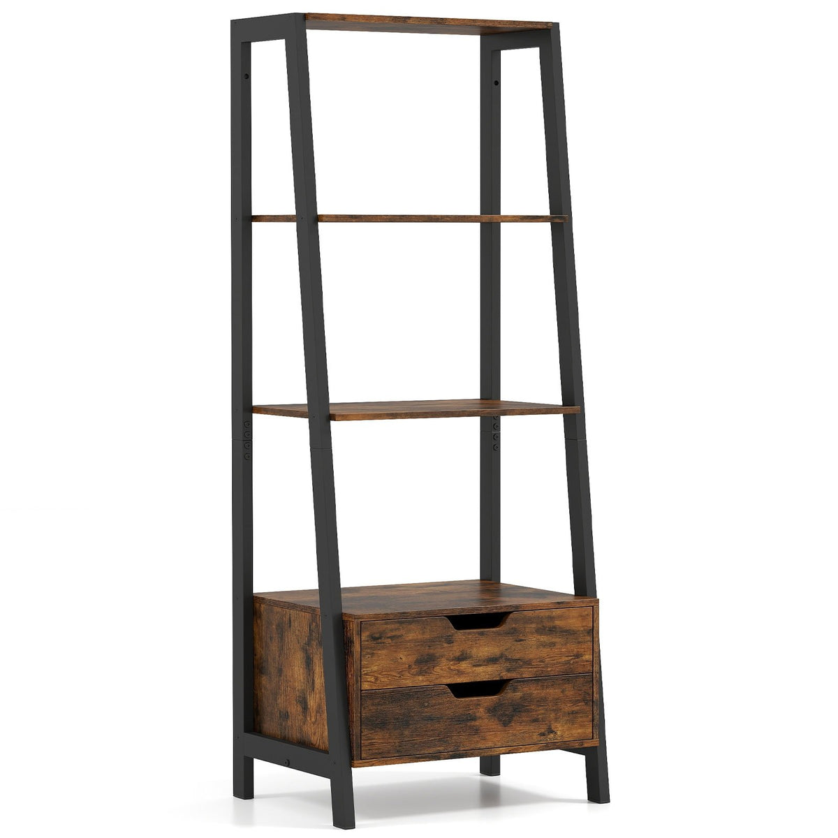 4-Tier Ladder Shelf with 2 Drawers 52.5 Inch Tall Freestanding Bookcase-Rustic Brown view 4