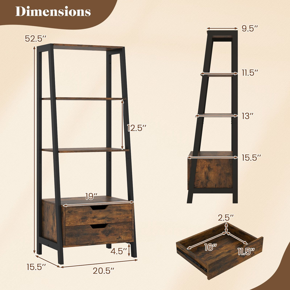 4-Tier Ladder Shelf with 2 Drawers 52.5 Inch Tall Freestanding Bookcase-Rustic Brown view 5