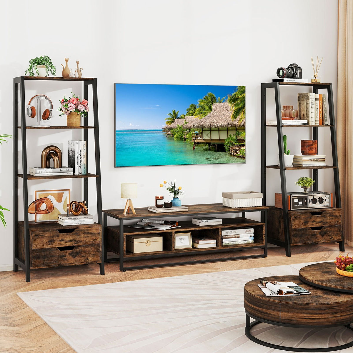 4-Tier Ladder Shelf with 2 Drawers 52.5 Inch Tall Freestanding Bookcase-Rustic Brown view 6