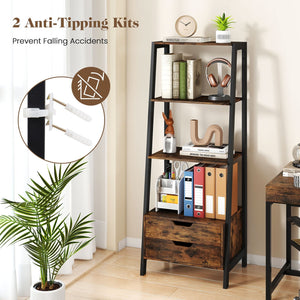 4-Tier Ladder Shelf with 2 Drawers 52.5 Inch Tall Freestanding Bookcase-Rustic Brown view 9