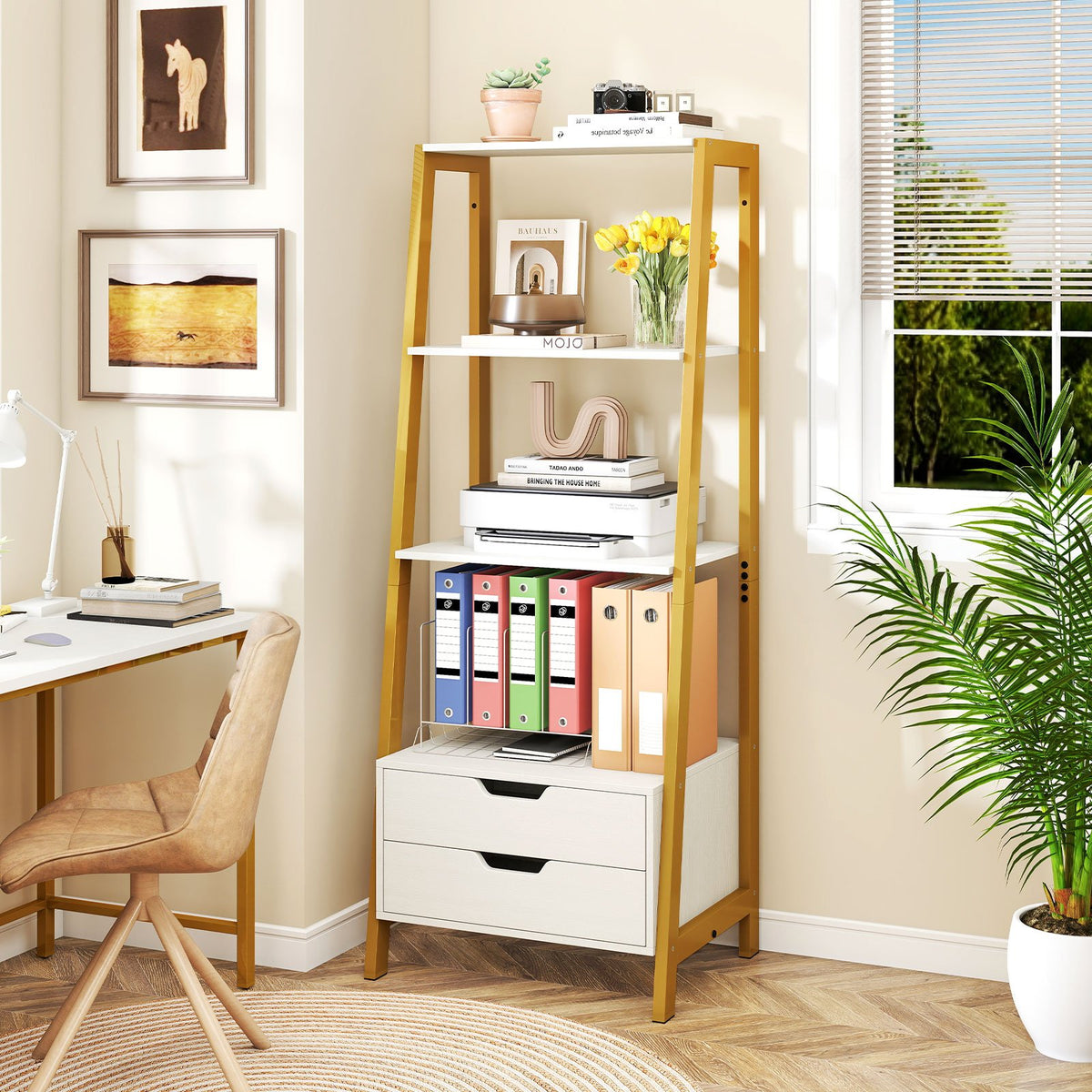 4-Tier Ladder Shelf with 2 Drawers 52.5 Inch Tall Freestanding Bookcase-White view 2