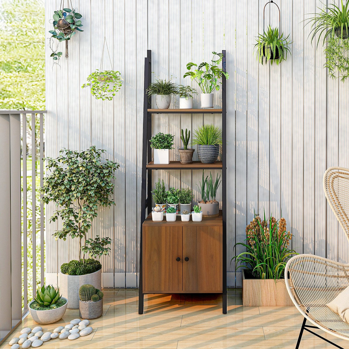4-Tier Ladder Shelf with Cabinet and Metal Frame-Rustic Brown view 6