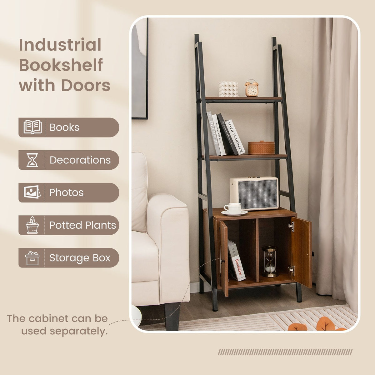 4-Tier Ladder Shelf with Cabinet and Metal Frame-Rustic Brown view 8