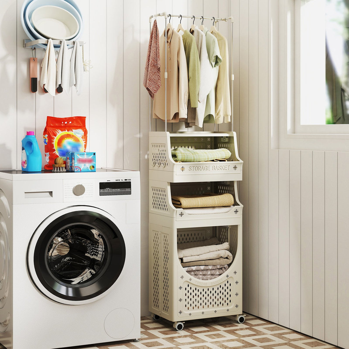 4-Tier Laundry Cart Folding Hamper with Hanging Bar and 8 Hanging Hooks view 2