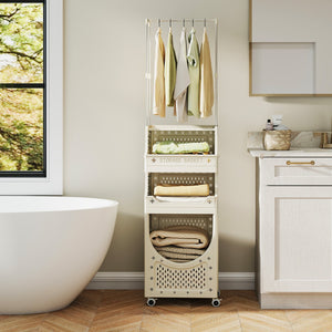 4-Tier Laundry Cart Folding Hamper with Hanging Bar and 8 Hanging Hooks view 3