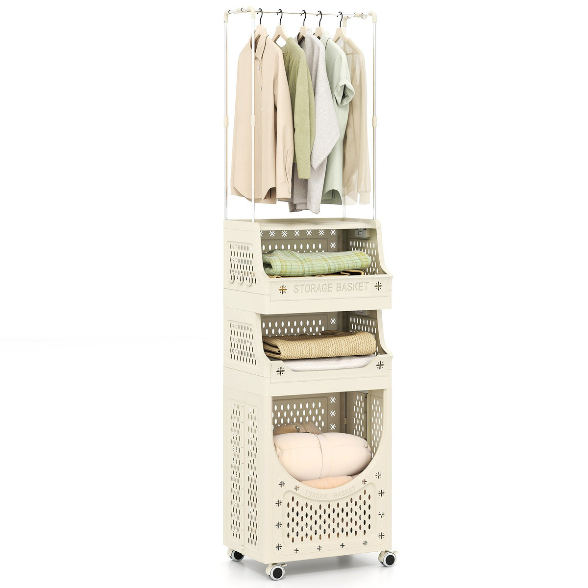 4-Tier Laundry Cart Folding Hamper with Hanging Bar and 8 Hanging Hooks view 4
