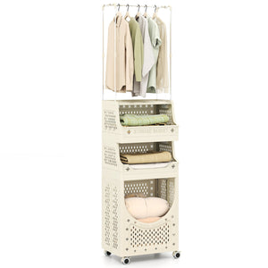 4-Tier Laundry Cart Folding Hamper with Hanging Bar and 8 Hanging Hooks view 4