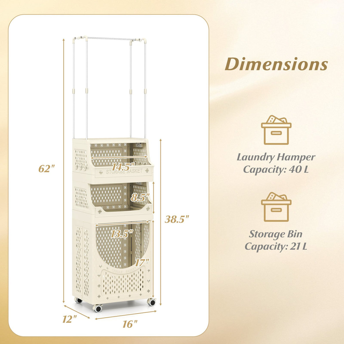 4-Tier Laundry Cart Folding Hamper with Hanging Bar and 8 Hanging Hooks view 5