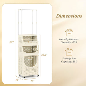 4-Tier Laundry Cart Folding Hamper with Hanging Bar and 8 Hanging Hooks view 5