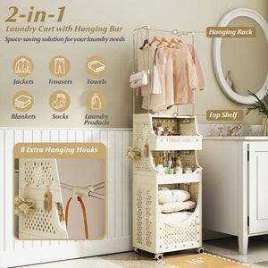 4-Tier Laundry Cart Folding Hamper with Hanging Bar and 8 Hanging Hooks view 7