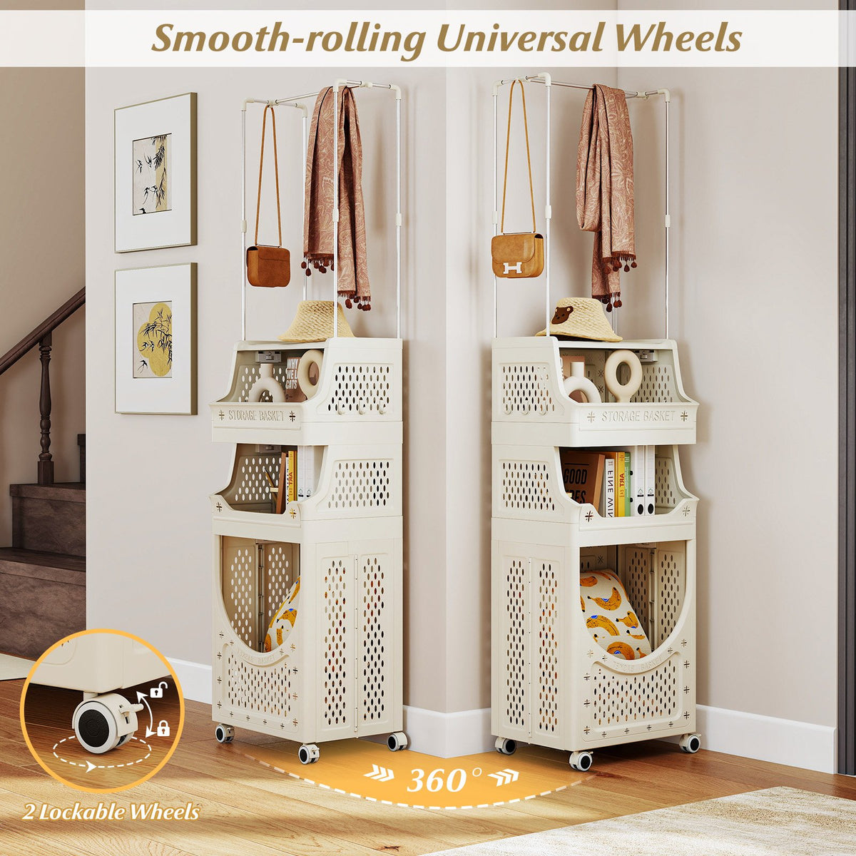 4-Tier Laundry Cart Folding Hamper with Hanging Bar and 8 Hanging Hooks view 8
