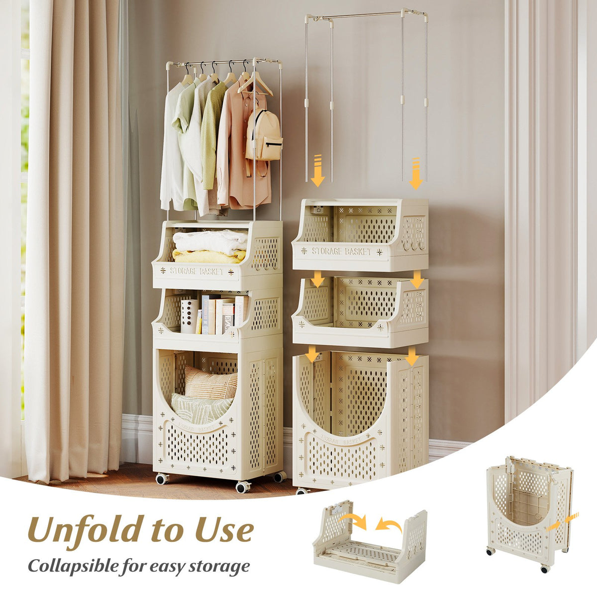 4-Tier Laundry Cart Folding Hamper with Hanging Bar and 8 Hanging Hooks view 9