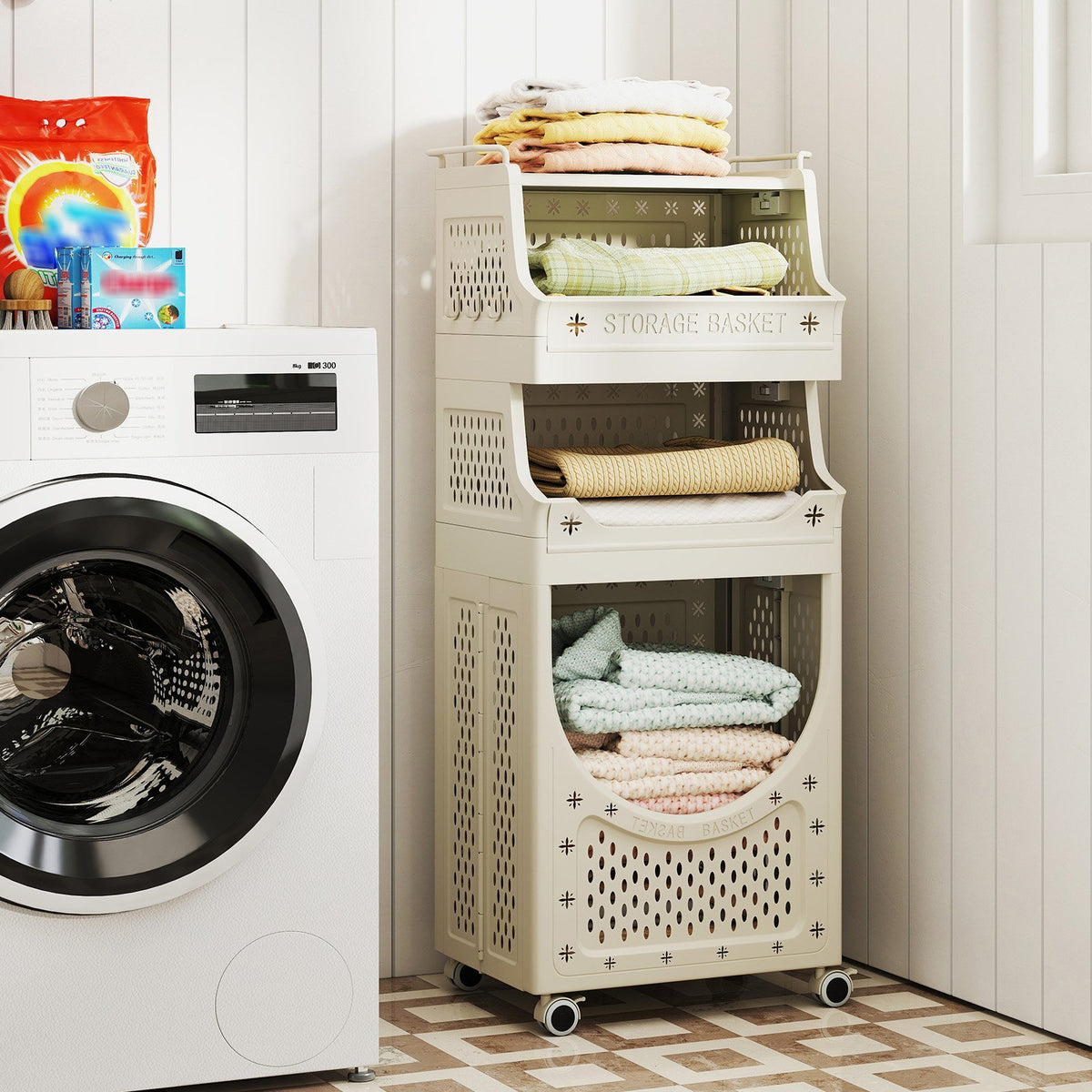 4-Tier Laundry Cart Folding Hamper with Lockable Wheels view 2