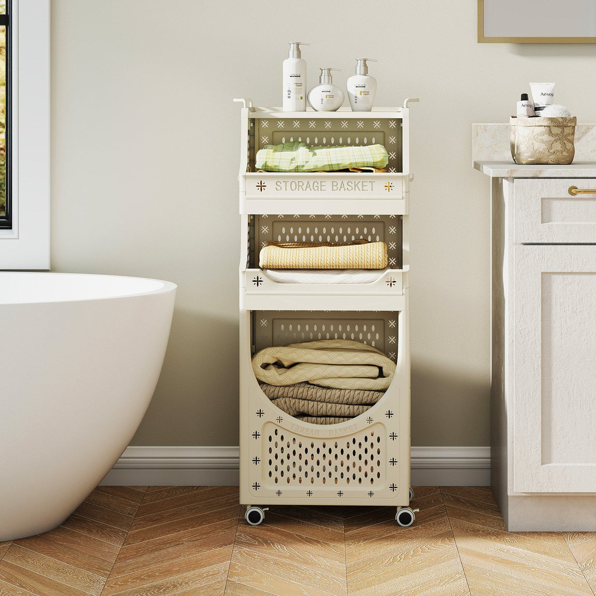 4-Tier Laundry Cart Folding Hamper with Lockable Wheels view 3