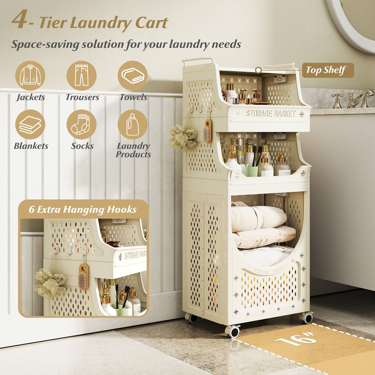 4-Tier Laundry Cart Folding Hamper with Lockable Wheels view 6