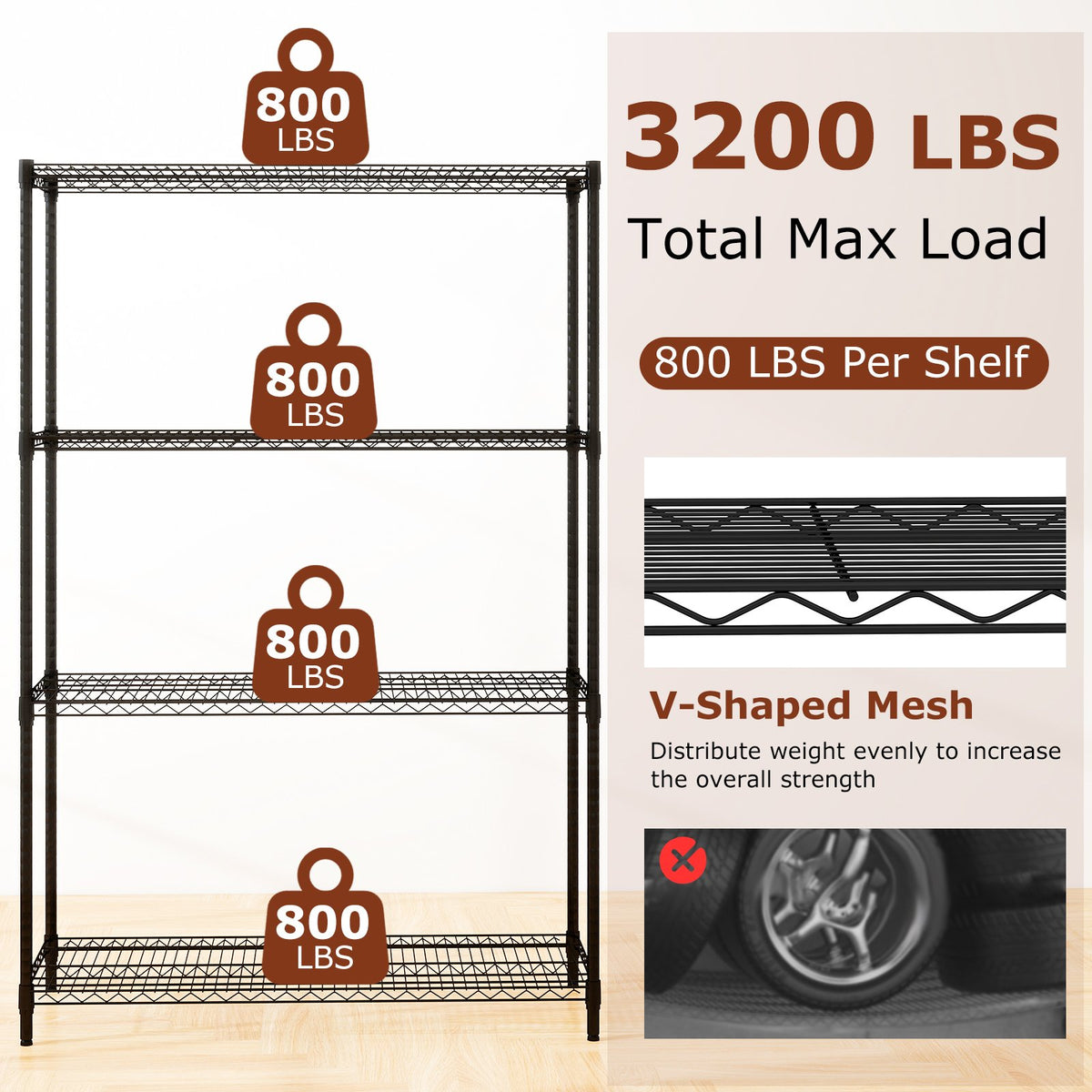 4-Tier Metal Storage Shelving Unit with V-Shaped Wire Rack-Black view 6