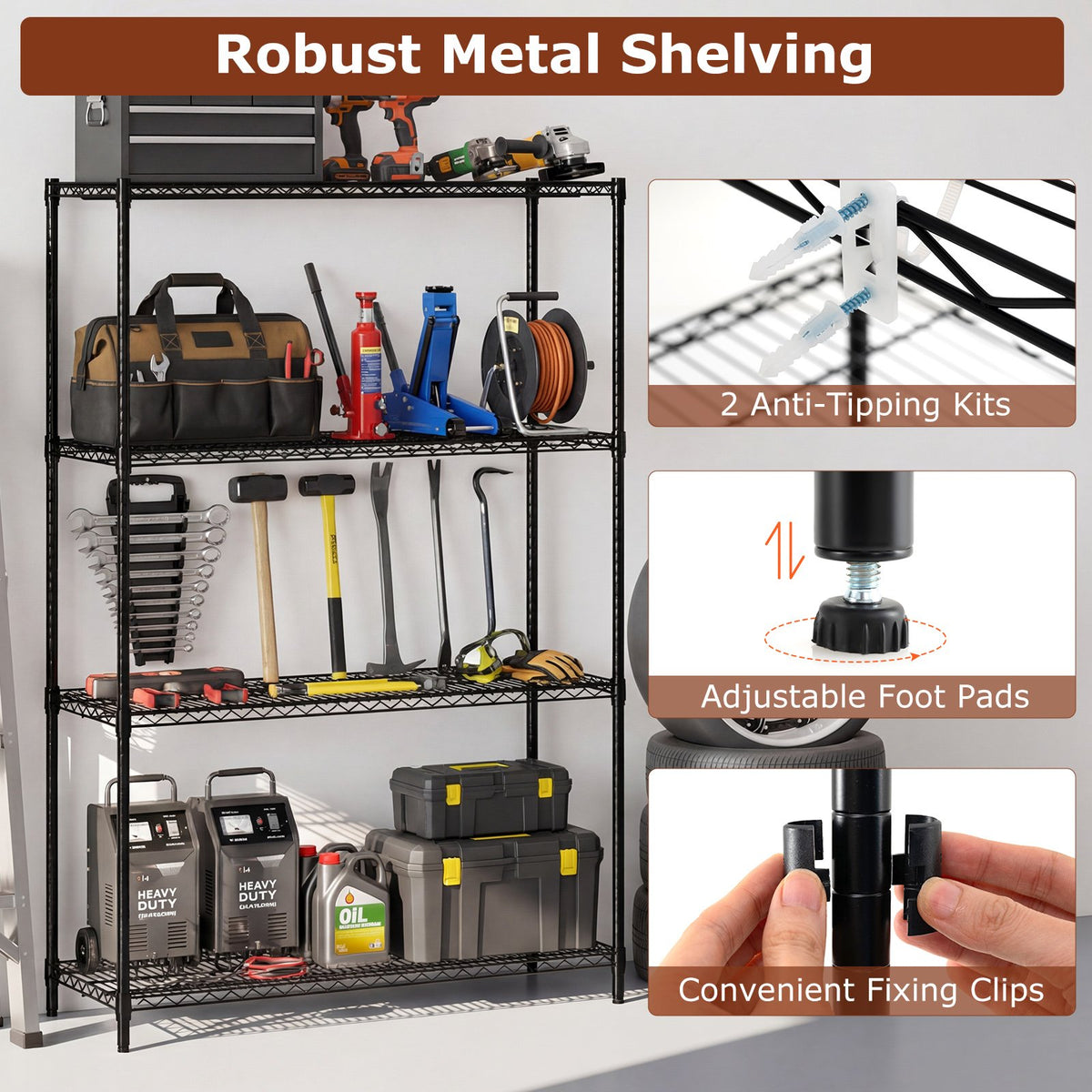 4-Tier Metal Storage Shelving Unit with V-Shaped Wire Rack-Black view 8