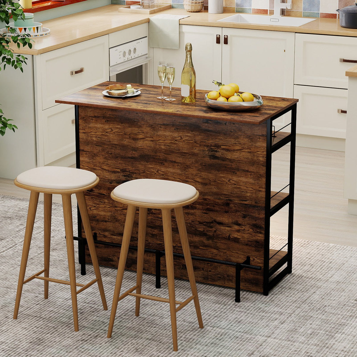 4-Tier Mini Bar Kitchen Island with Footrest and Wine Rack-Coffee view 3