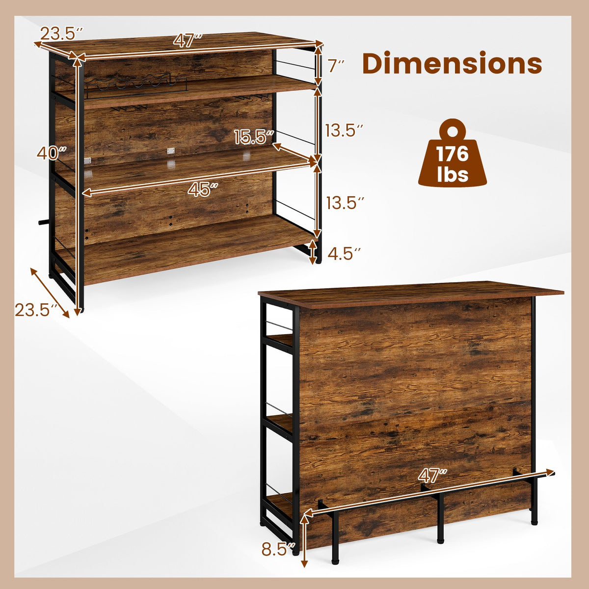 4-Tier Mini Bar Kitchen Island with Footrest and Wine Rack-Coffee view 5