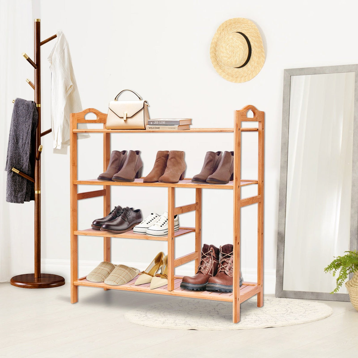 4 Tiers Multifunction Bamboo Storage Shoe Rack for Entryway Hallway view 2