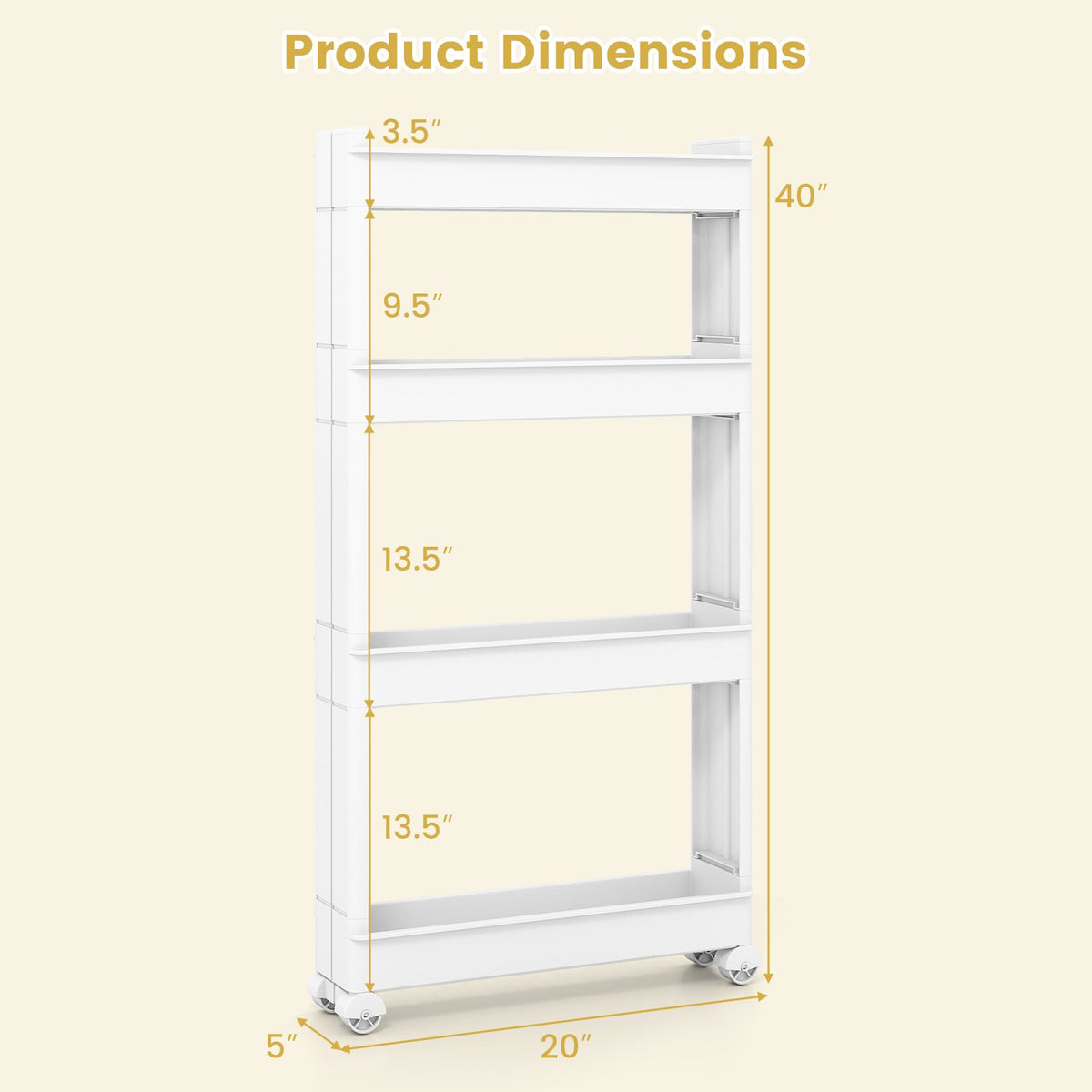 4-Tier Multifunctional Slim Storage Trolley with Detachable Trays-White view 3