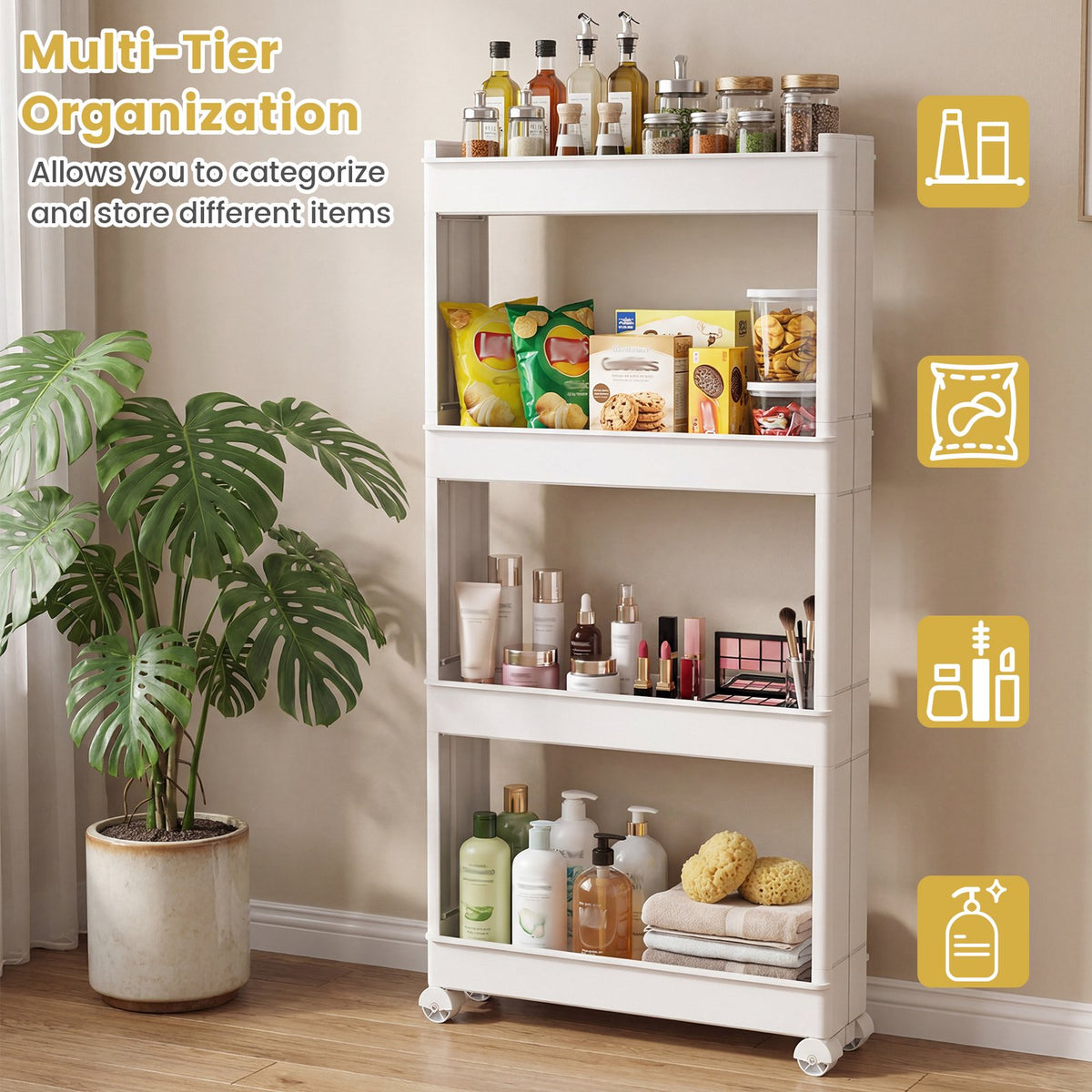 4-Tier Multifunctional Slim Storage Trolley with Detachable Trays-White view 4