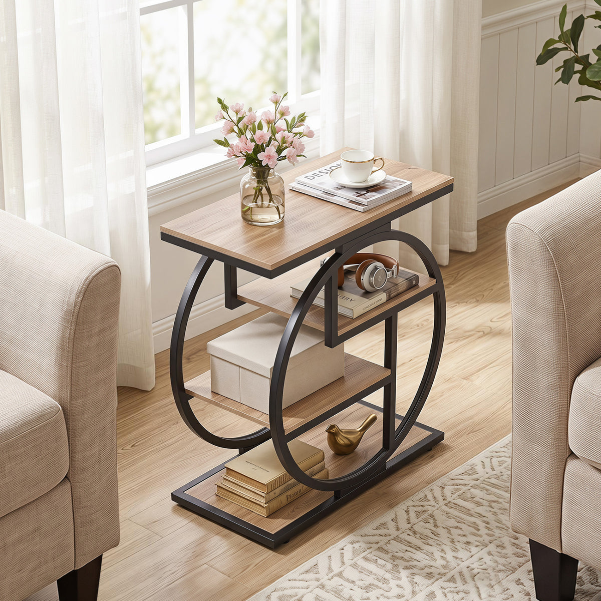 4-Tier Narrow End Table for Living Room with Storage Shelves-Gray view 2